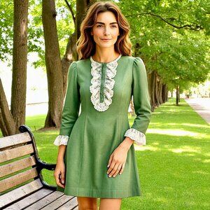 Vintage 60's Green Dress with Lace Handmade Edwardian MOD Cos Play XS XXS